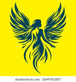 Modern decorative vector art of a strong elegant angel woman, Mystical female angel figure with detailed wings and graceful curves in artistic tribal tattoo-inspired design perfect for fantasy