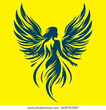 Modern decorative vector art of a strong elegant angel woman, Mystical female angel figure with detailed wings and graceful curves in artistic tribal tattoo-inspired design perfect for fantasy