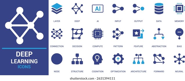 Modern deep learning icon set featuring AI, neural networks, data, memory, layers, and cognitive elements. Ideal for tech, machine learning, and digital innovation projects.

