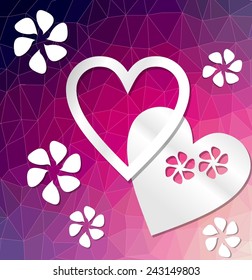 Modern deep purple decorative background with heart and flowers cut out of paper on triangle area