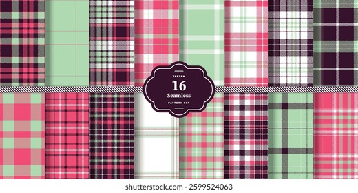 Modern Deep Scarlet and Sandy Beige Seamless Tartan Textile Design Set of 16