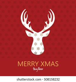 Modern Deer silhouette Christmas card with snowflakes. Vector illustration