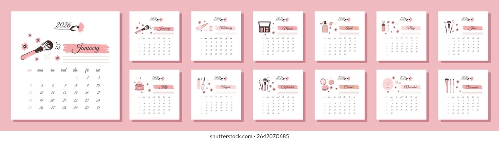 A modern, delicate calendar template for 2026 for a girl with makeup and makeup brushes in a fashionable style. The calendar grid showing the weeks starts on Sunday. Vector design.