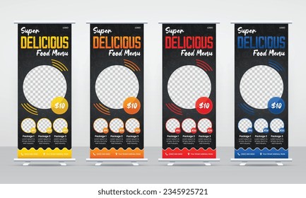 Modern delicious fast food restaurant menu roll up, pull up, standee, vertical banner, x banner cover, display template design layout set for business marketing advertising promotion