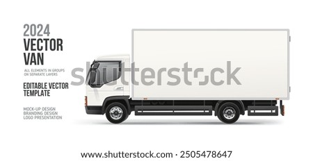 Modern Delivery Box Truck Side view blank mockup. White Cargo Van with space for text or your branding design - realistic editable vector template. Horizontal blank for AD banner and advertesment