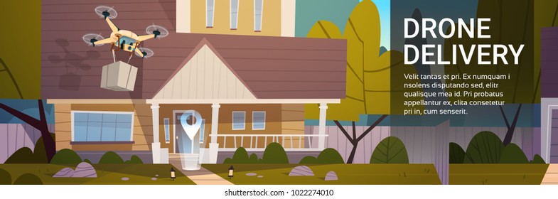 Modern Delivery Drone With Boxes Fly Over Houses, Air Transportation Technology Concept Flat Vector Illustration