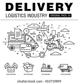 Modern delivery industry pack. Thin line icons set logistic network. Transport set collection with global industry elements. Premium quality vector symbol. Stroke pictogram for web design.