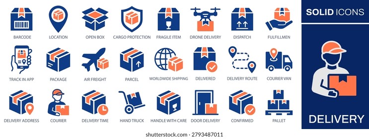 Modern delivery and logistics solid icons for package tracking, warehousing, freight transport, courier services, fulfillment and shipping operations.