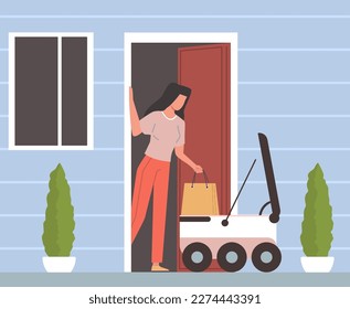 Modern delivery method, woman takes goods out of fast self delivery robot. Robot courier with cardboard package box, house yard exterior. Cartoon flat isolated illustration. Vector concept