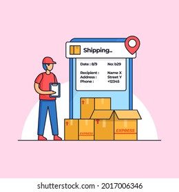 Moderno servicio de entrega de empleados comprobar muchos pedidos de paquetes con seguimiento de envío aplicación móvil ilustración vectorial