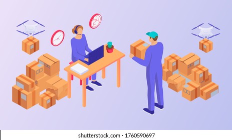 Modern delivery service isometric illustration. Courier holds yellow box with order dispatcher breaks address laptop flying drones bring new boxes warehouse round the clock vector delivery of orders
