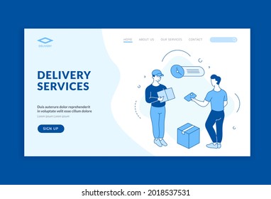 Modern delivery services. Fast logistics services with contactless payment. Online applications with express delivery of food and goods with buyer protection. Home page linear vector flat