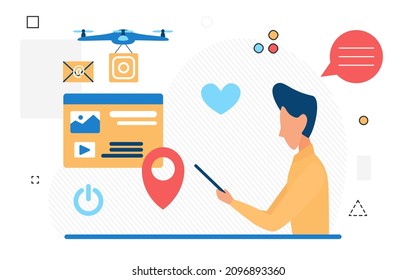 Modern delivery technologies, courier innovations, sending information. Information distribution systems concept, flat vector image