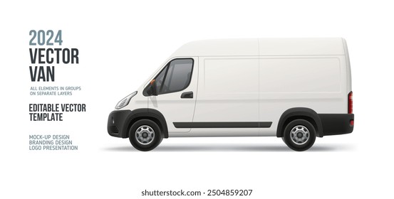 Modern Delivery Van Truck Side view blank mockup. White Cargo Van with space for text or your branding design - realistic editable vector template. Horizontal blank for banner and advertesment