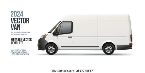 Moderna entrega camión camioneta vista lateral maqueta en blanco. Furgoneta de carga blanca con espacio para texto o su diseño de marca: Plantilla de Vector editable realista. Horizontal en blanco para Anuncio y publicidad