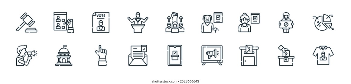 modern democracy icon pack. perfect for linear ui designs featuring vector shirt, vote, mail, campaign, online voting, invitation, election and more icons for mobile and web apps.