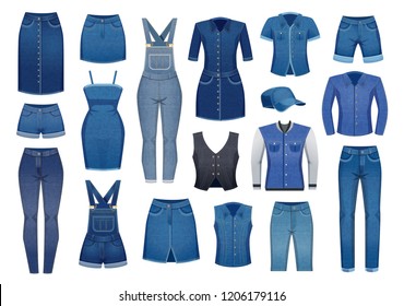 Modern denim clothing for men and women set of icons isolated on white background flat vector illustration
