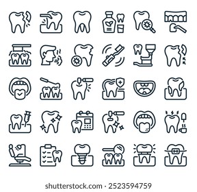 modern dental care icon pack. perfect for linear ui designs featuring vector braces, gold teeth, mouth mirror, dental implant, dental report and more icons.