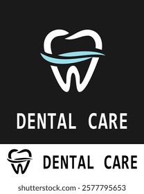 modern dental care logo featuring a stylized tooth with clean, curved lines and a sleek blue element