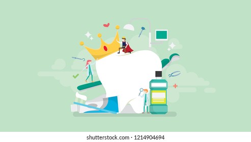 Modern Dental Crown Treatment Tiny People Character Concept Vector Illustration, Suitable For Wallpaper, Banner, Background, Card, Book Illustration, And Web Landing Page