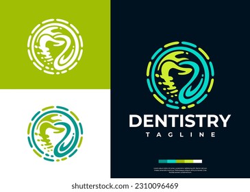 Modern dental implant logo design branding. Digital circle dental tooth logo.
