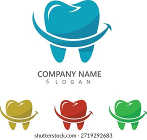 A modern dental logo design featuring a stylized tooth with a swoosh, accompanied by a company name and slogan, in various colors, suitable for a dental clinic or healthcare business.