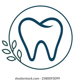 Modern dental logo design with simple tooth emblem and green leaf accents for eco-friendly dentistry branding