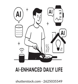 A modern depiction of artificial intelligence seamlessly integrated into daily activities. The image showcases AI-powered devices and applications assisting individuals in various tasks.