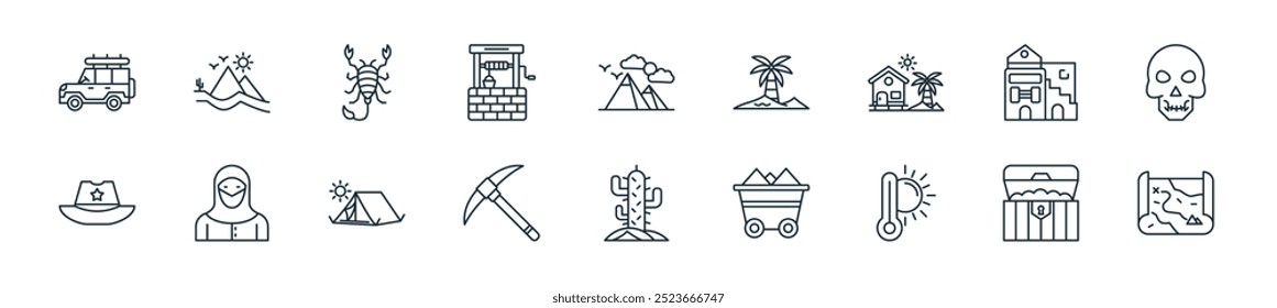 modern desert icon pack. perfect for linear ui designs featuring vector map, treasure chest, high temperature, cart, cactus, pick, tent and more icons for mobile and web apps.
