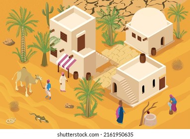 Modern desert town isometric background with residents traditional mud brick houses and palm trees vector illustration