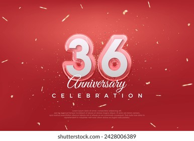 Diseño moderno para la celebración del 36 aniversario. con color dorado sobre fondo rojo. Vector premium para póster, banner, saludo de celebración.