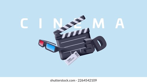 Modern design of a 3D cinema. Clapper, 3D glasses, tickets. Concept of design on a world naked background. For the design of advertising materials.