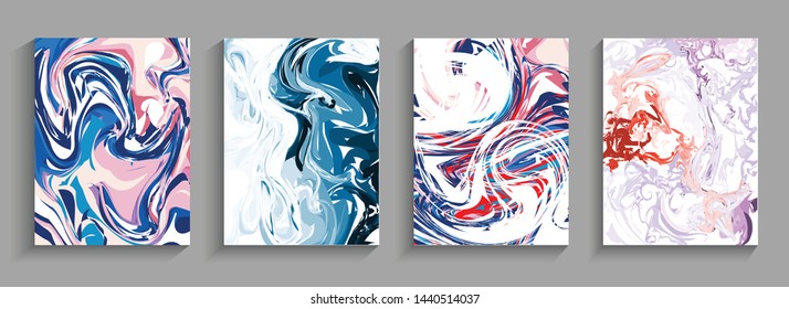 Modern design 4 set Abstract marble texture of colored bright liquid paints