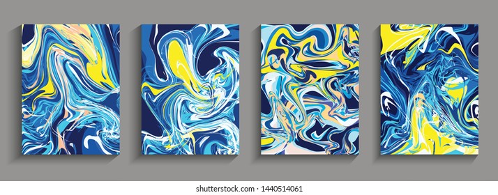 Modern design 4 set Abstract marble texture of colored bright liquid paints