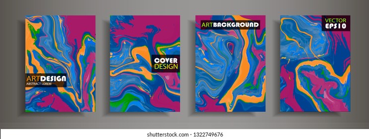 Modern design A4. Abstract marble texture of colored bright liquid paints. Splash trends paints. Used design presentations, print, flyer, business cards, invitations, calendars, sites, packaging, cove
