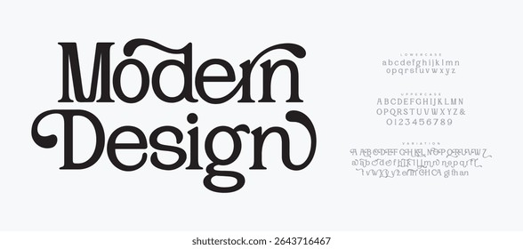 Modernes Design abstrakt elegante Schriftalphabet. Luxuriöse moderne urbane Schriftarten für Logo, Marke usw. Typografie Schrift Großbuchstaben Kleinbuchstaben und Zahl. Vektorgrafik
