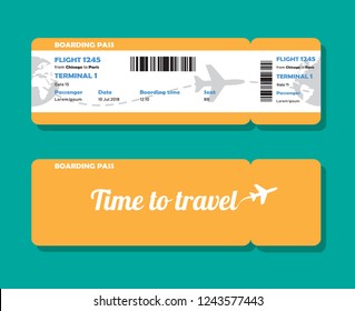 Modern design of airline travel boarding pass. Two tickets template, front and back side. Vector illustration isolated on green background.