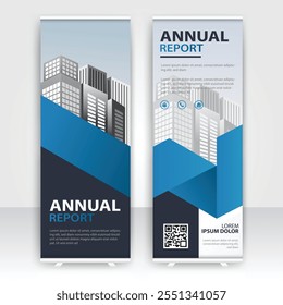 Modern design of annual report display stands showcasing professional graphics in an office environment
