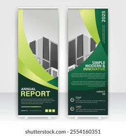 Modern design of annual report display stands showcasing professional graphics in an office environment