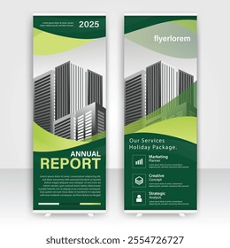 Modern design of annual report display stands showcasing professional graphics in an office environment