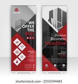 Modern design of annual report display stands showcasing professional graphics in an office environment with red color
