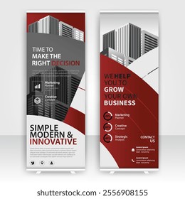 Modern design of annual report display stands showcasing professional graphics in an office environment with red color