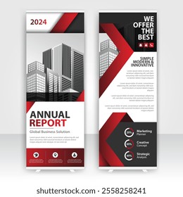 Modern design of annual report display stands showcasing professional graphics in an office environment with red color