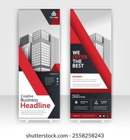 Modern design of annual report display stands showcasing professional graphics in an office environment with red color