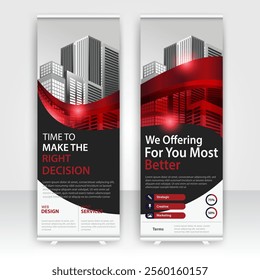 Modern design of annual report display stands showcasing professional graphics in an office environment with red color