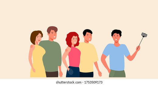 Modernes Design für jeden Zweck. ein Typ hält ein Telefon auf dem Hintergrund von Freunden. Sommerurlaub, Party, Kommunikation von Kollegen. Cartoon-Flachillustrationen. Moderner Lebensstil der Jugend.