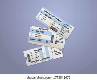 Modern design of Argentina airline, bus and train travel boarding pass. Three tickets of Argentina painted in flag color. Vector illustration isolated