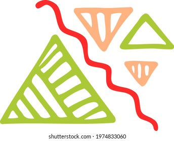 Modern design assets. Group of simple geometric shapes consisting of green and orange triangles separated by an oblique wavy red line. Flat space fillers for patterns, templates. Abstract elements. 
