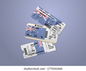 Modern Design Of Australia Airline, Bus And Train Travel Boarding Pass. Three Tickets Of Australia Painted In Flag Color. Vector Illustration Isolated