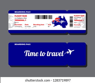 Modern Design Of Australian Airline Travel Boarding Pass. Two Tickets Template With Map Of Australia, Front And Back Side. Vector Illustration Isolated On Green Background.